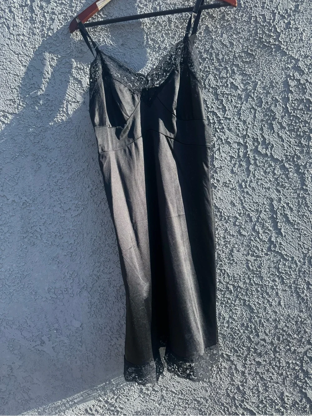 Vintage American Black Nylon Slip Dress with Lace Trim, Size Small Made In USA